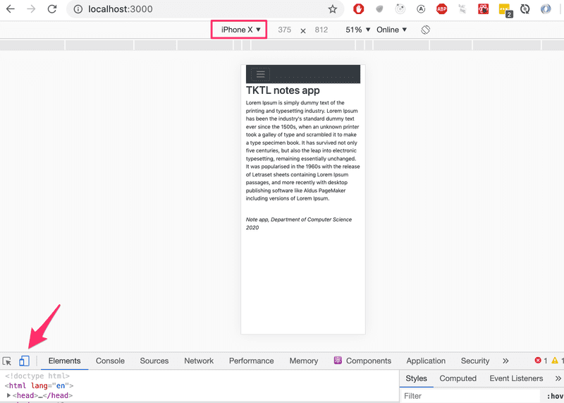 chrome devtools with mobile browser preview of notes app