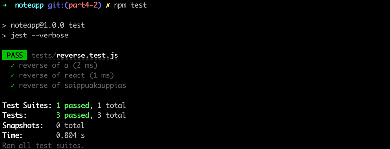 terminal output from npm test with all tests passing