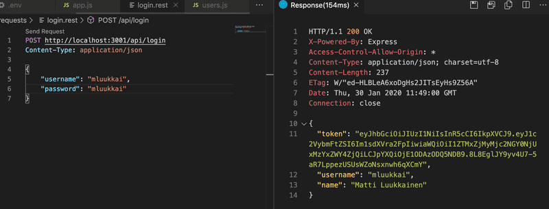 vs code rest response showing details and token