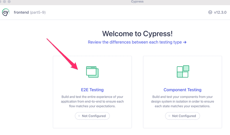 cypress arrow towards e2e testing option