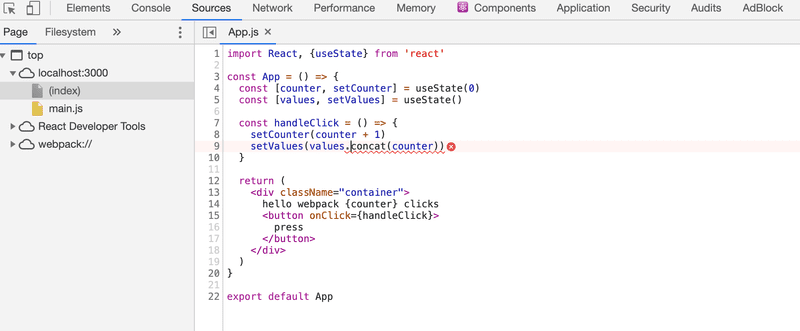 devtools source showing our actual code with values.concat