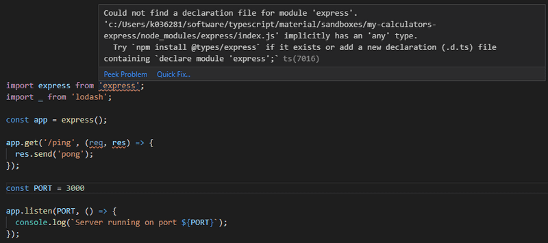 vscode error about not finding express