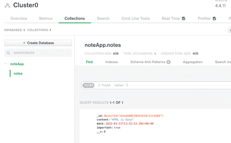 mongodb collections tab noteApp notes