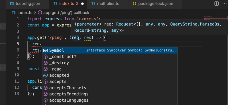 vscode showing req is of type Request