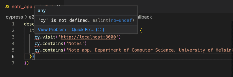 vscode screenshot showing cy is not defined