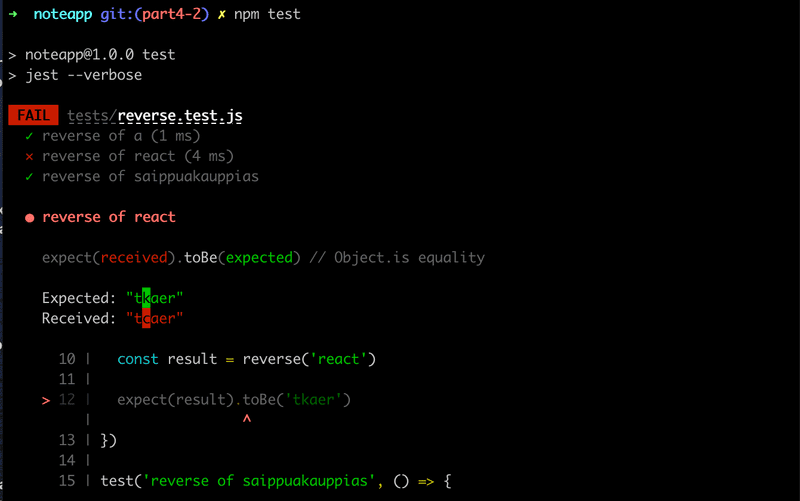 terminal output shows failure from npm test