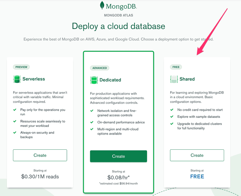 mongodb deploy a cloud database free shared