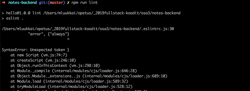 terminal output from npm run lint