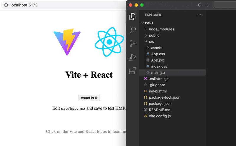 screenshot of vite initial webpage and file structure on vs code