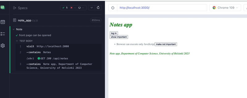 cypress showing automation of note test