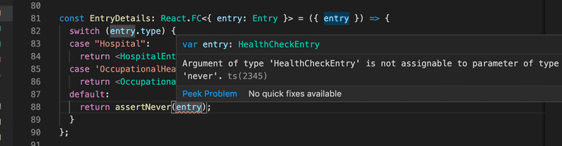 vscode showing error for healthCheckEntry not being assignable to type never