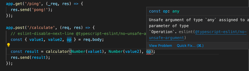 vscode showing unsafe argument of any type assigned to parameter of type Operation