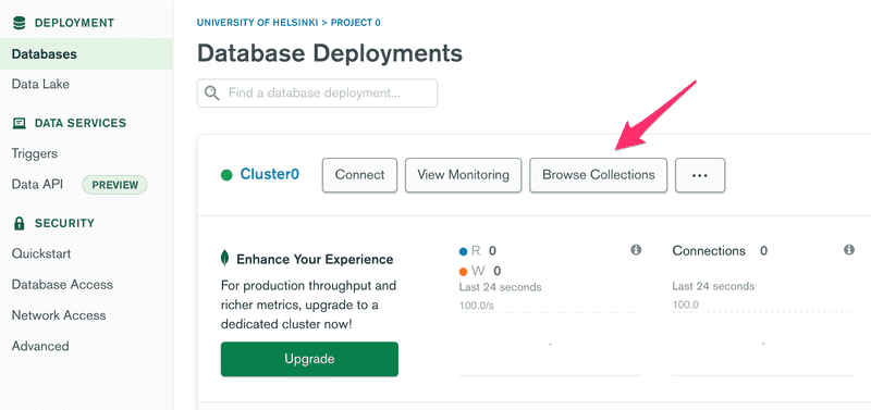 mongodb databases browse collections button