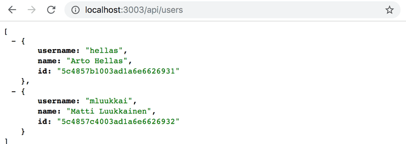 browser api/users shows JSON data of two users