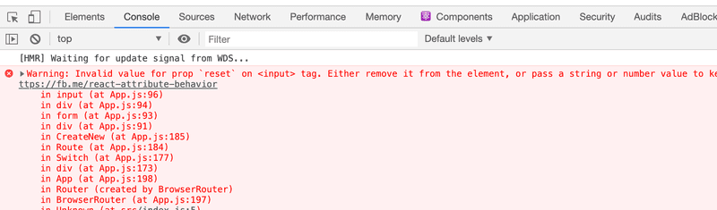 devtools console warning invalid value for reset prop