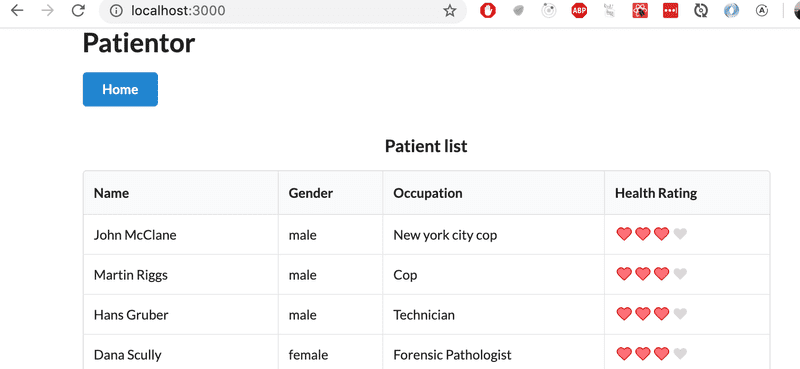 browser showing list of patients