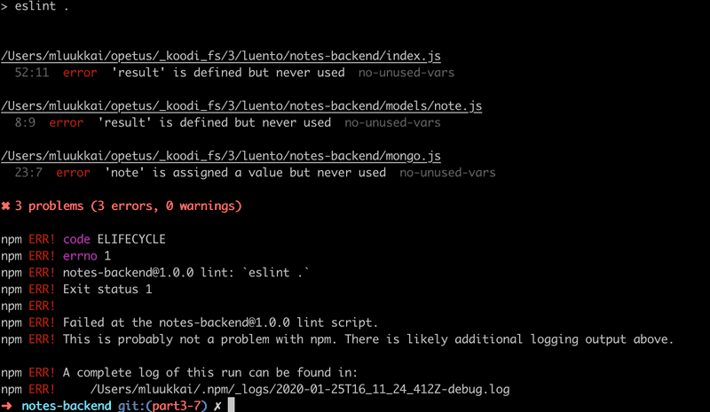 terminal output of ESlint errors