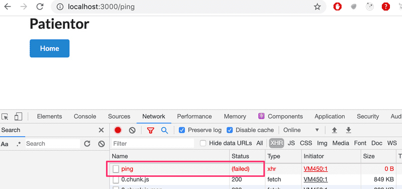 dev tools showing ping failed