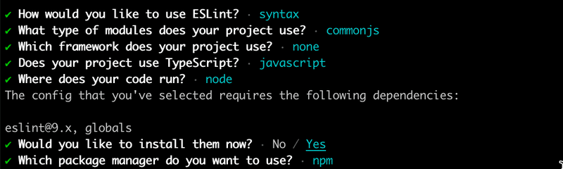 terminal output from ESlint init
