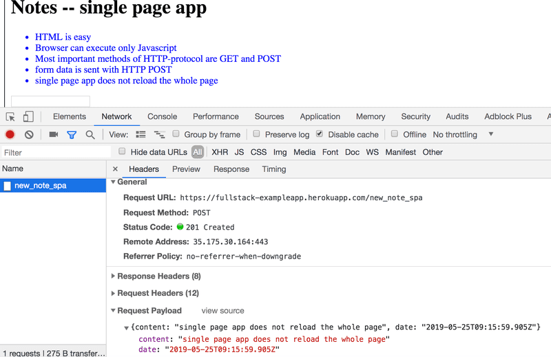 L'onglet réseau ne montrant qu'une seule requête POST vers la SPA new_note
