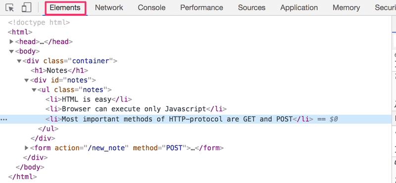 A screenshot of the Elements tab of the developer console