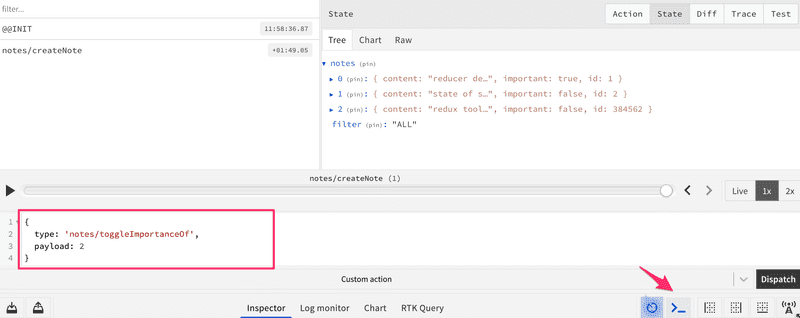 devtools redux dispatching createNote with payload