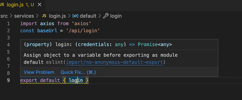 aviso do vs code - atribua o objeto a uma variável antes de exportá-la como um módulo padrão