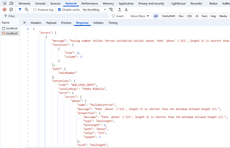 The console’s Network tab shows the error message returned in the response