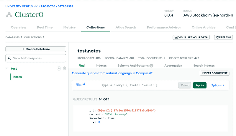 MongoDB 集合选项卡 db myfirst app notes