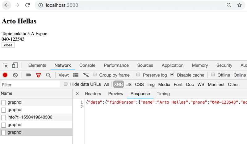 browser showing dev tools response with network tab and graphql