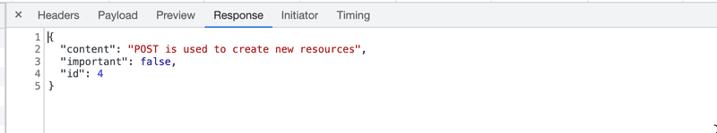 devtools response tab shows same content as payload but with id field too