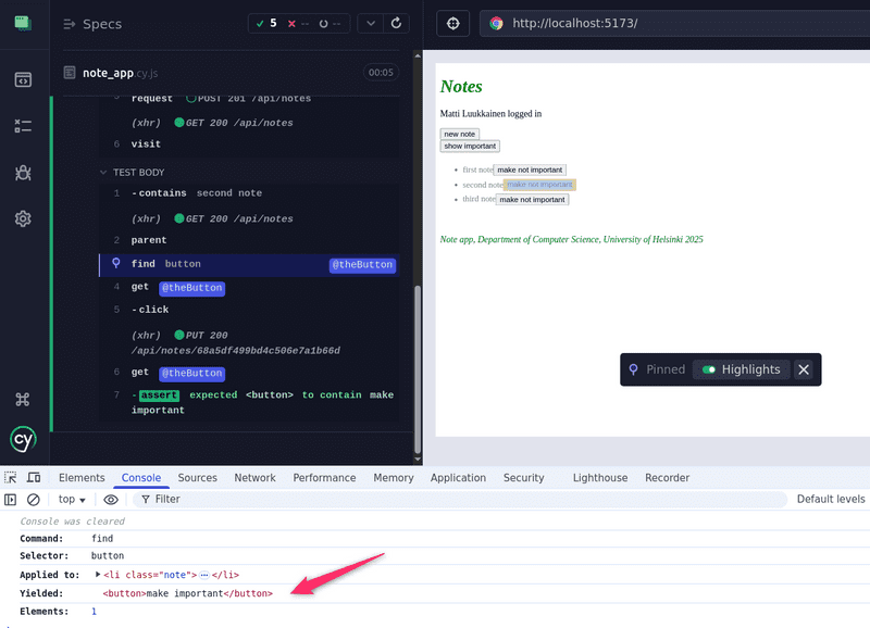 developer console while running cypress