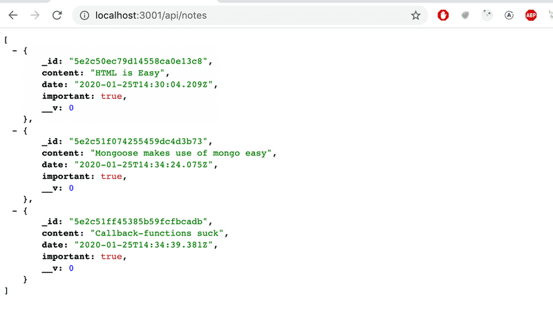 Mongoon tallennetut muistiinpanot renderöityvät selaimeen JSON-muodossa