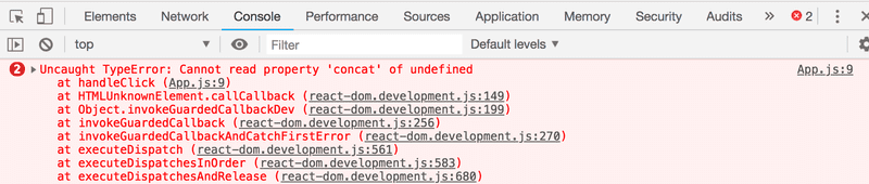 devtools console showing concat error at different line