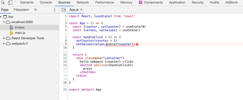 source devtools montrant notre vrai code avec values.concat