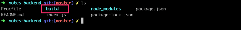ls-komento näyttää tiedostot index.js, Procfile, package.json, package-lock.json sekä hakemistot build ja node_modules