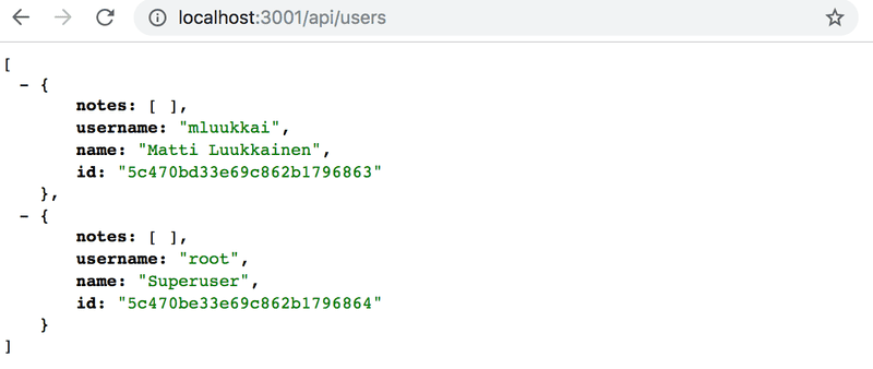 browser api/users shows JSON data with notes array