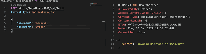 vs code rest response for incorrect login details