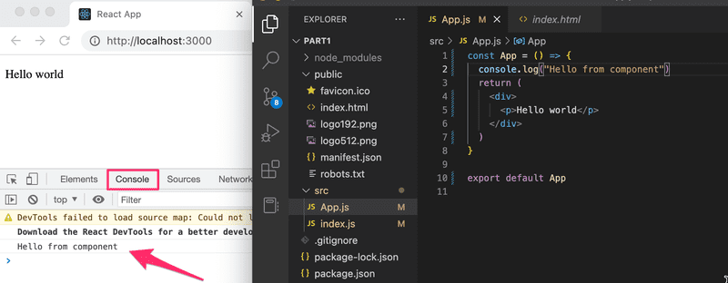 browser console showing console log with arrow to "Hello from component"