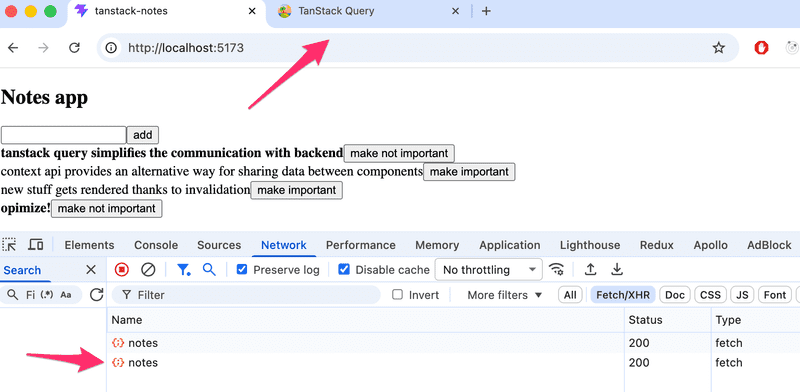 dev tools notes app with an arrow in a new tab and another arrow on console's network tab over notes request as 200