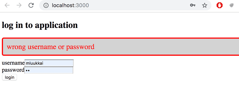 Sovellus näyttää notifikaation "wrong username/password"