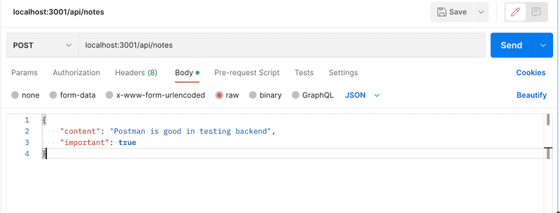 postman post on api/notes with post content
