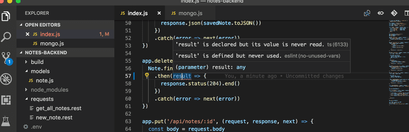 Screenshot of vscode ESlint plugin showing errors