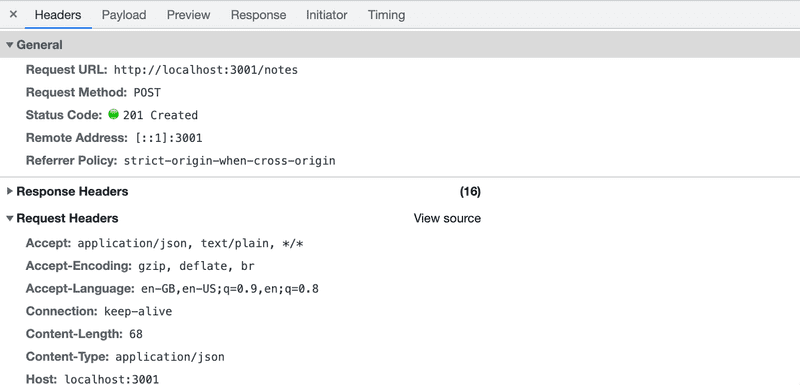 dev tools header shows 201 created for localhost:3001/notes