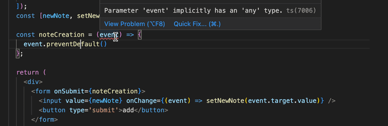 error de vscode event implícitamente tiene tipo any