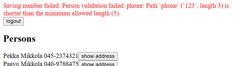 The application shows an error message if the phone number is shorter than 5 characters