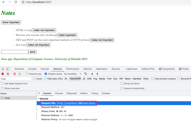 pestaña Network de aplicación de notas en el backend