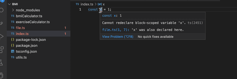 vs code showing error cannot redeclare block-scoped variable x