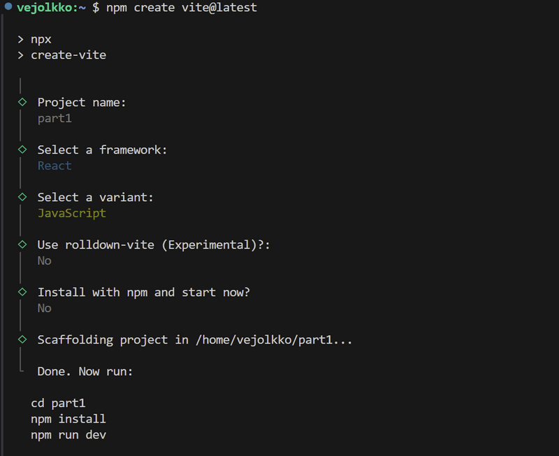 create-vite tool selection view, where the project is named part1, the framework is React, the variant is JavaScript, and all other questions are answered with No