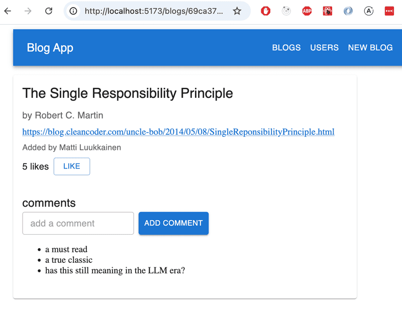 browser showing comments added via frontend